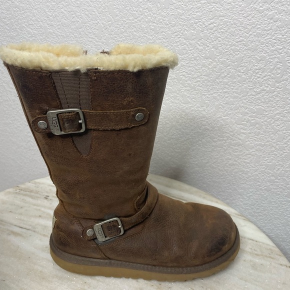 UGG boots leather fur lined men sz 5 distressed brown double buckle - Picture 7 of 9